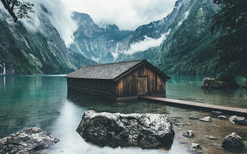 Wooden Boathouse on Lake — Green, Serene, Photograph