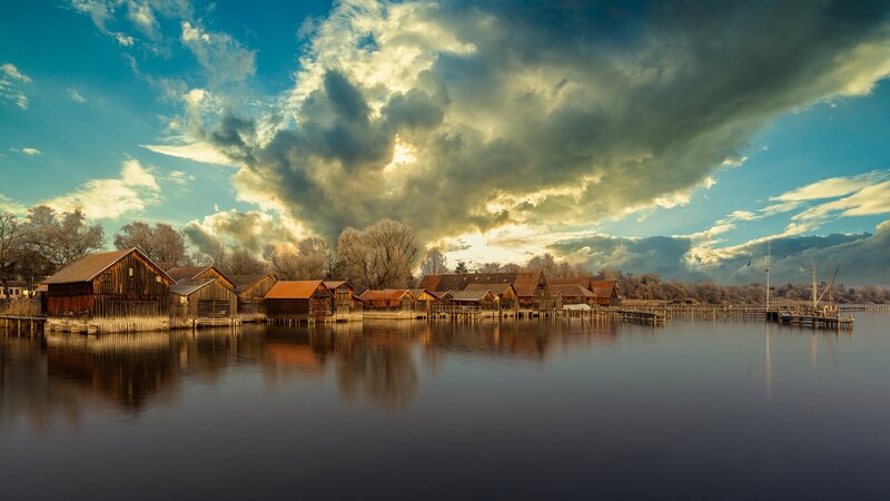 Wooden Boathouses on Lake — Blue, Dramatic