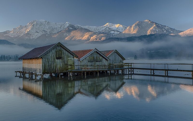 Wooden Boathouses on Lake — Blue, Serene, Morning
