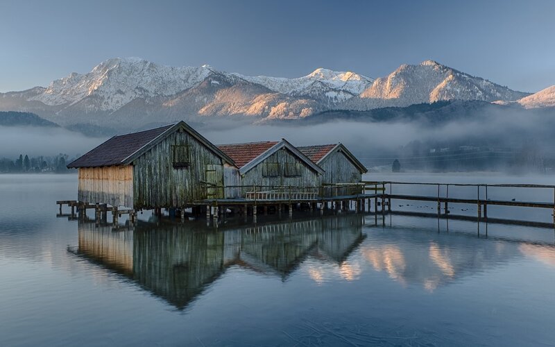 Wooden Boathouses on Lake — Blue, Serene