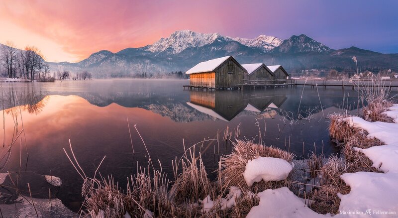 Wooden Boathouses on Lake — Pink
