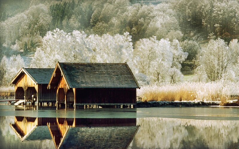Wooden Boathouses on Lake