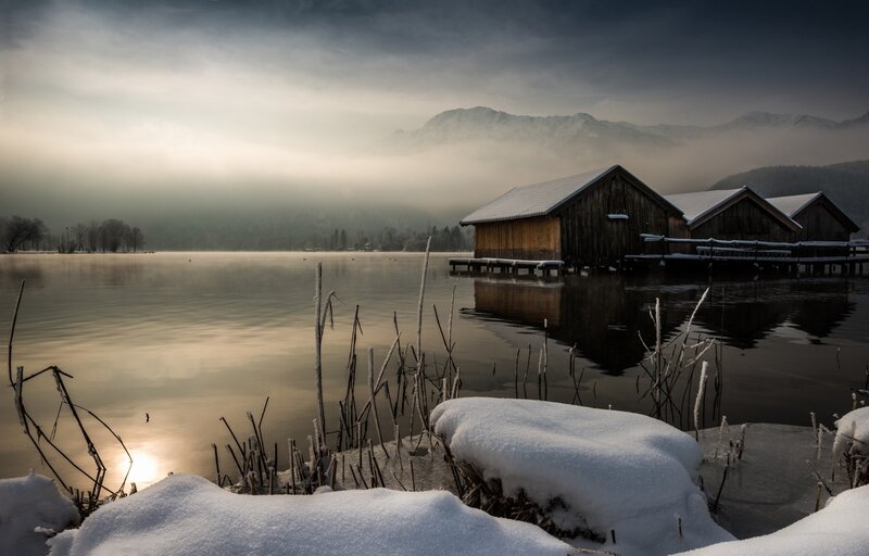 Wooden Boathouses on Lake — White
