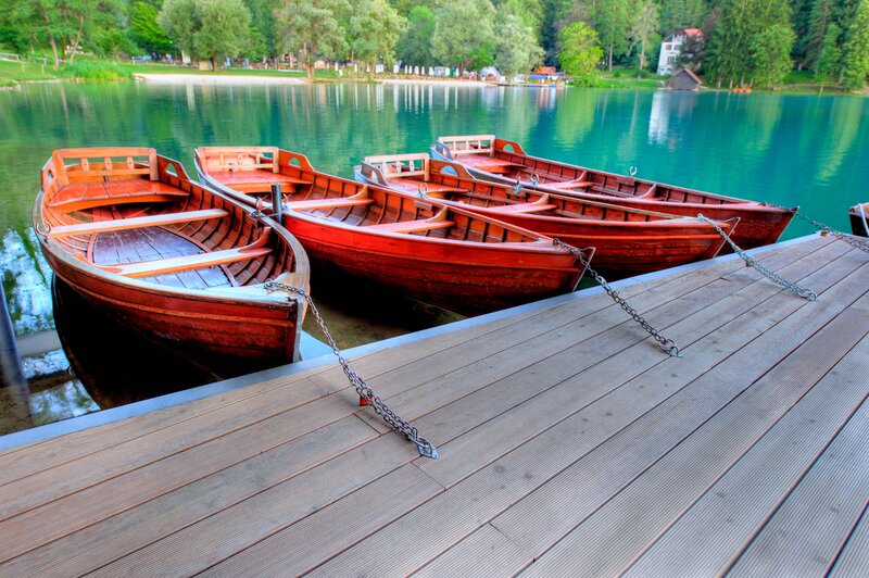 Wooden boats at a lakeside dock