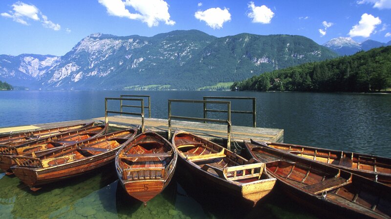 Wooden boats at a lakeside dock