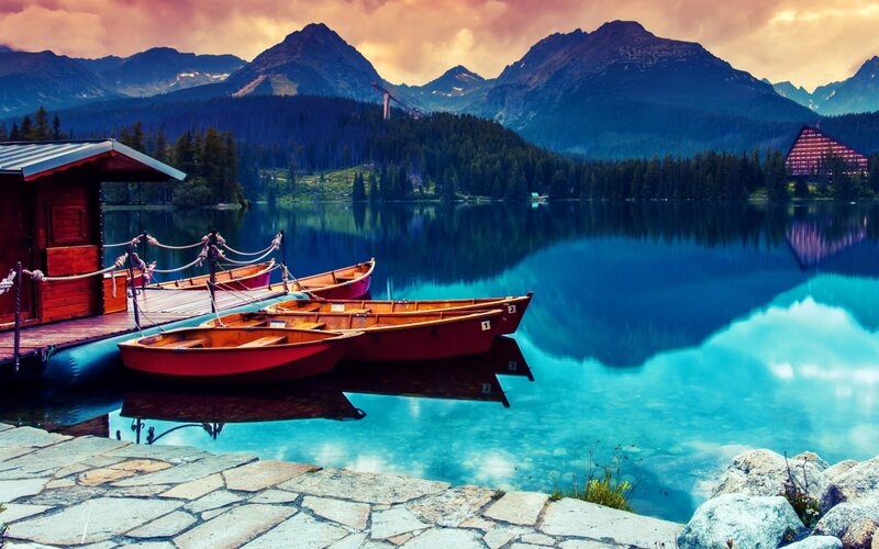 Wooden Boats at Lake — Blue