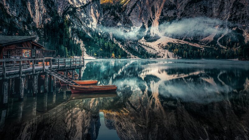 Wooden Boats at Lake Dock — Blue, Serene, Morning