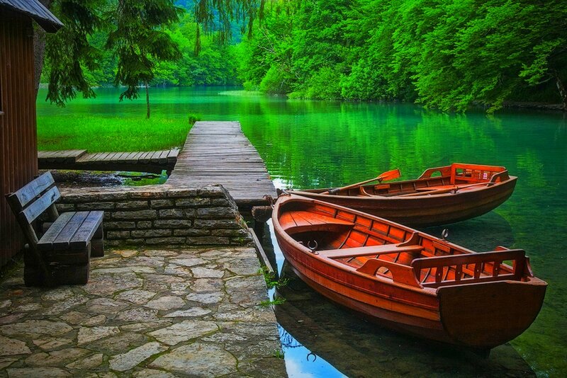 Wooden Boats at Lake — Green