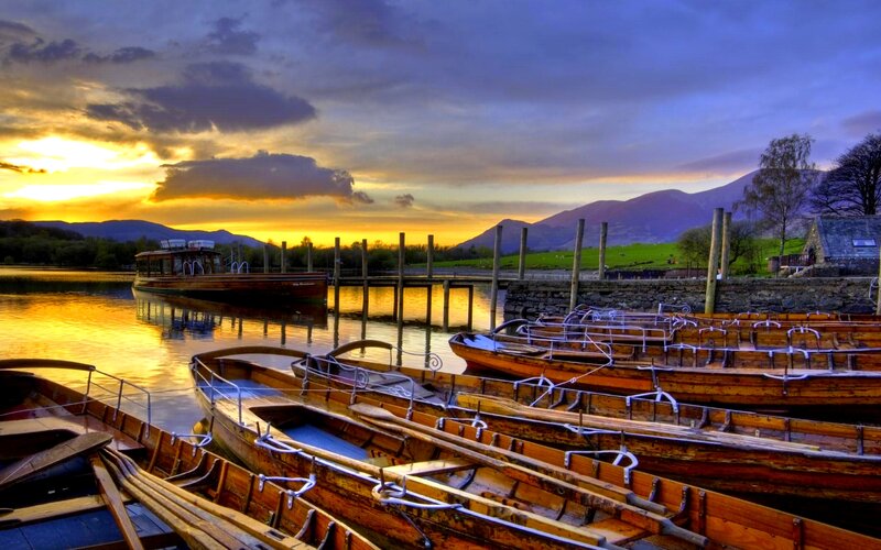 Wooden Boats at Sunset — Blue