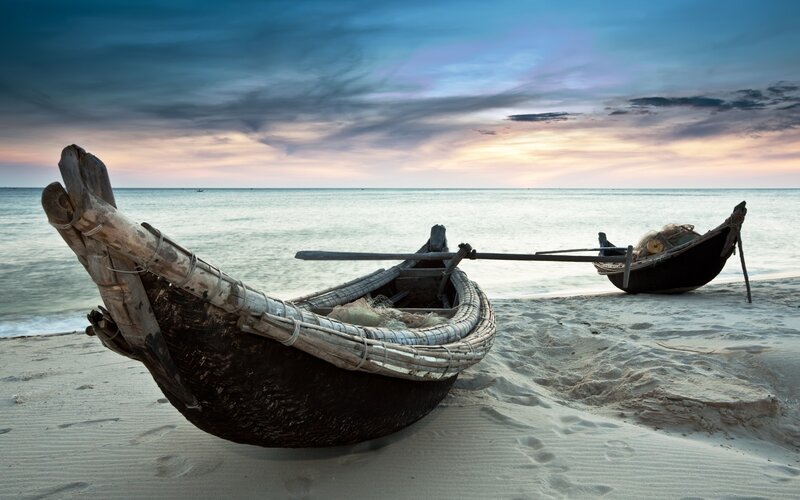 Wooden Boats on Beach — Blue
