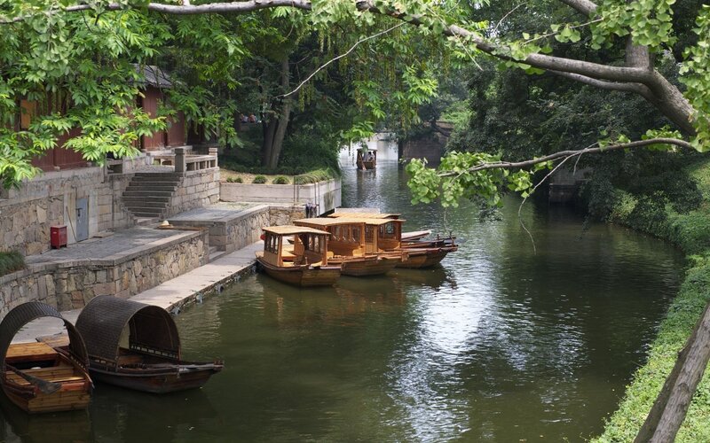 Wooden Boats on Canal — Green