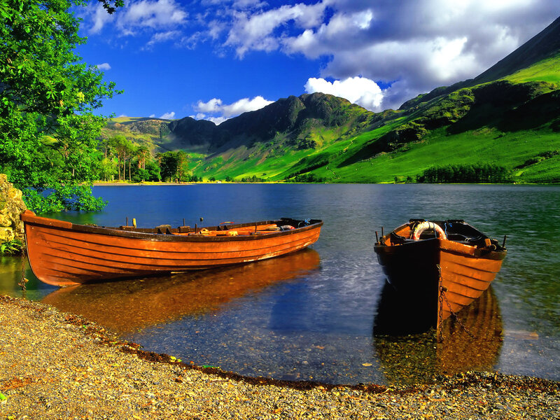 Wooden Boats on Lake — Blue, Serene, Afternoon