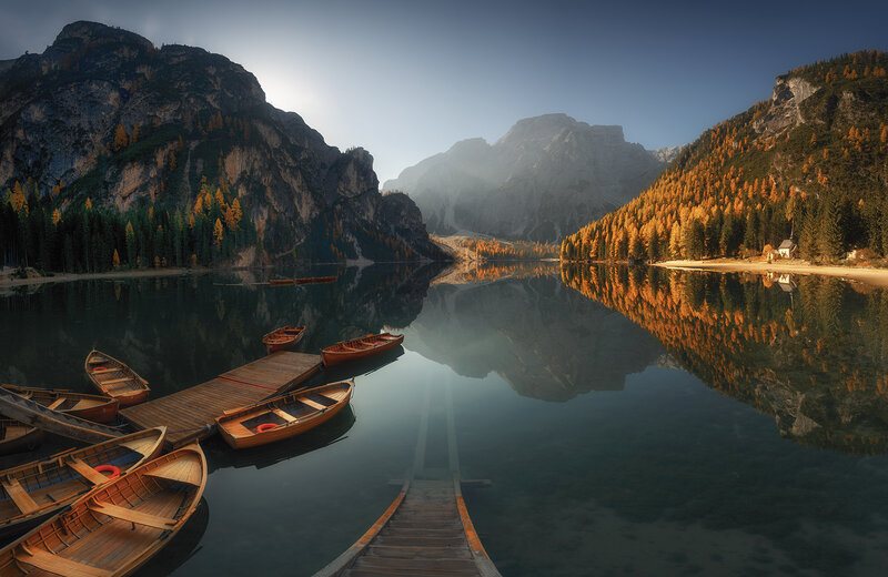 Wooden Boats on Lake — Blue, Serene, Autumn