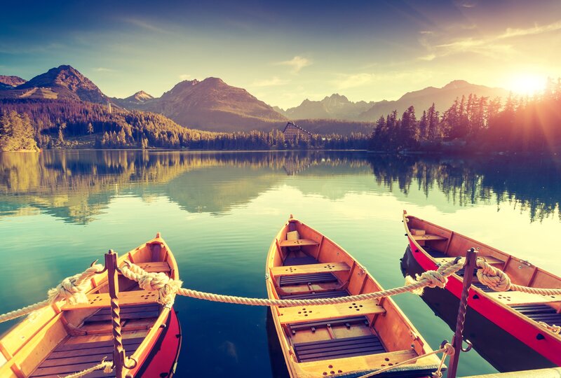 Wooden Boats on Lake — Blue, Serene, Sunrise