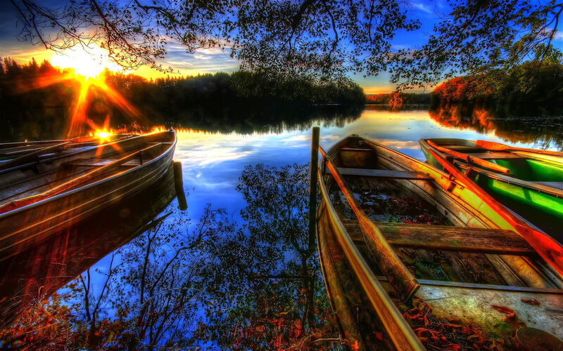 Wooden Boats on Lake — Blue, Serene, Sunset