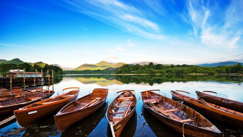Wooden Boats on Lake — Blue