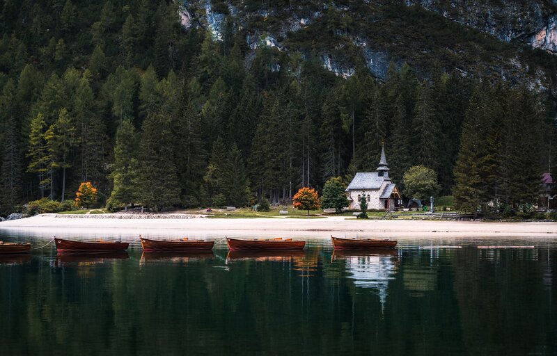 Wooden Boats on Lake — Green, Serene, Autumn