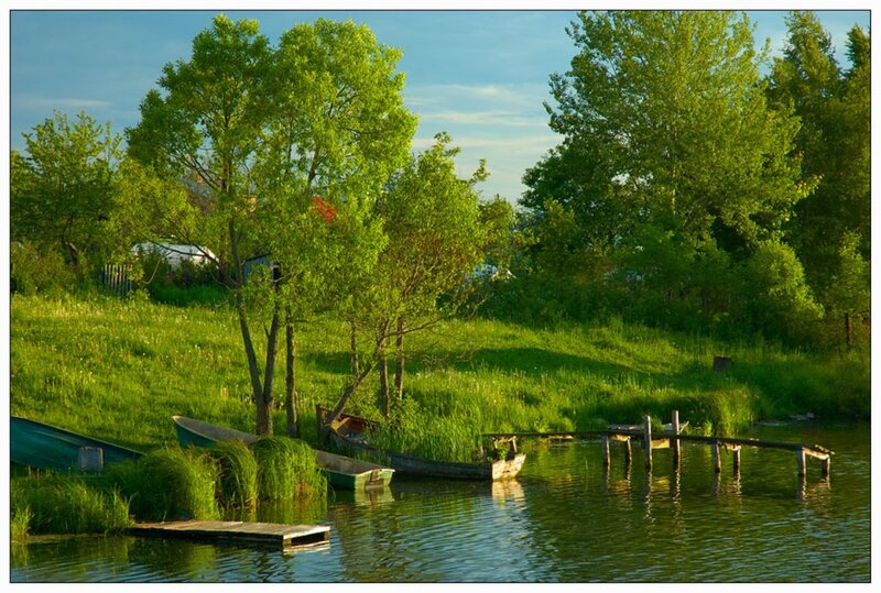Wooden Boats on Lake — Green, Serene, Morning