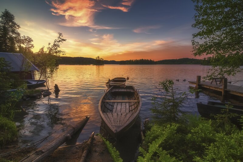 Wooden Boats on Lake — Orange