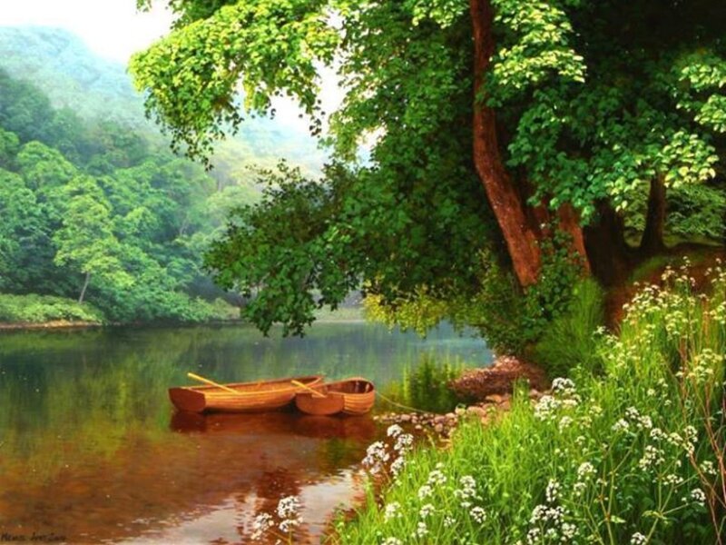 Wooden Boats on River — Green