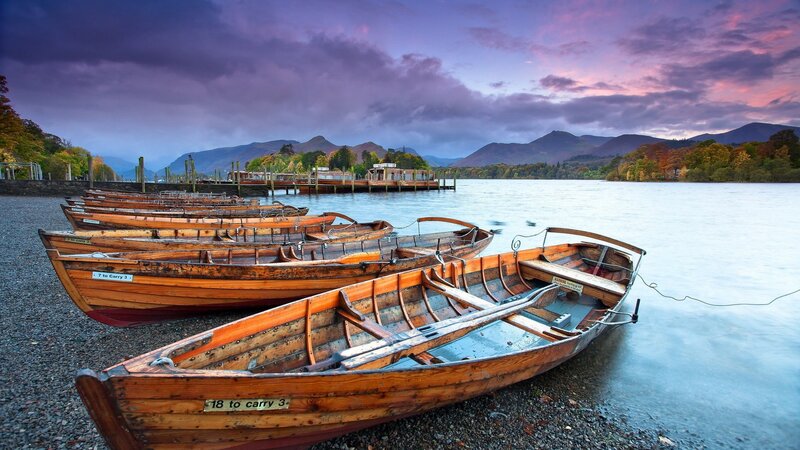 Wooden Boats on Shore — Purple