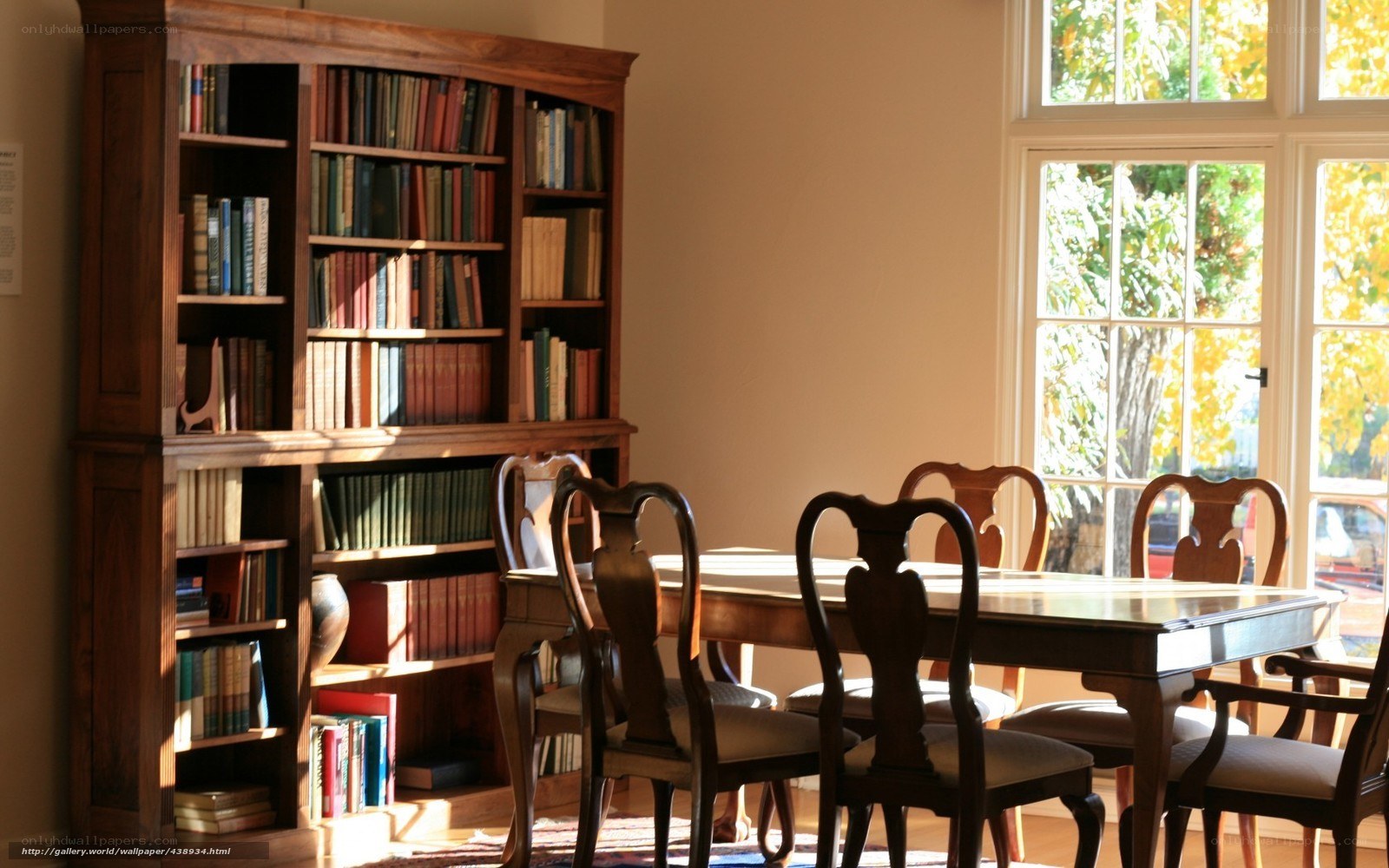 wooden bookshelf and dining table
