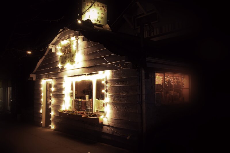 Wooden Bookstore at Night