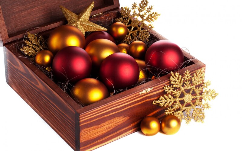 Wooden Box with Ornaments — Brown, Festive