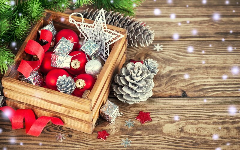 Wooden Box with Ornaments — Brown, Festive, Winter