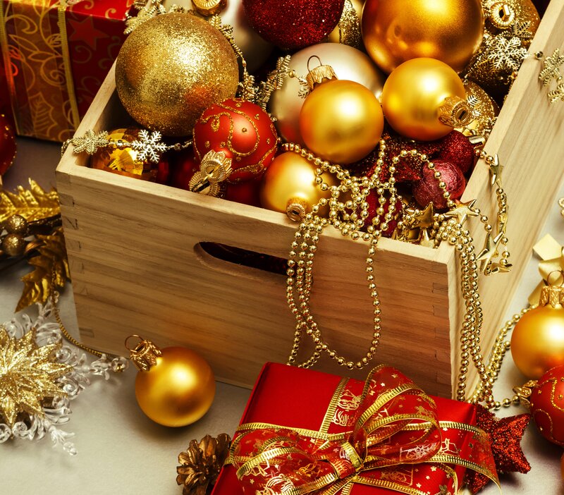 Wooden Box with Ornaments — Gold