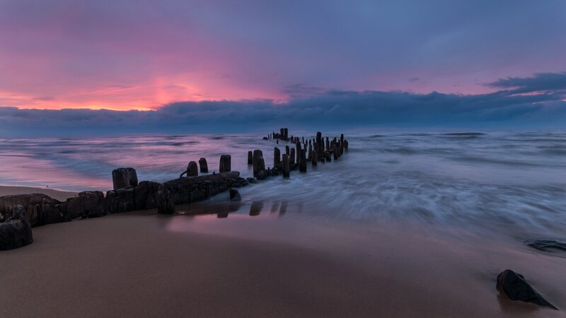 Wooden Breakwater at Sunset — Purple