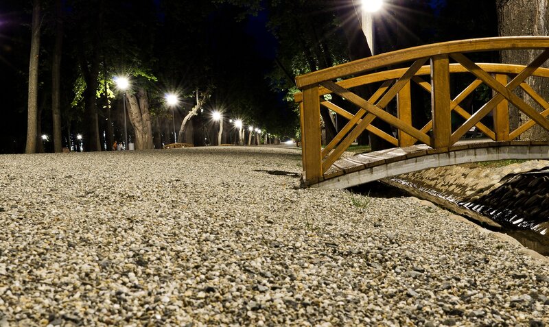 Wooden bridge at night in park