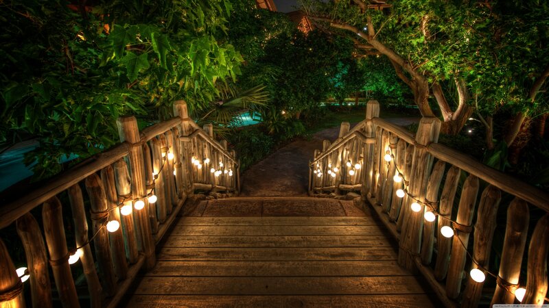 Wooden bridge at night with lights