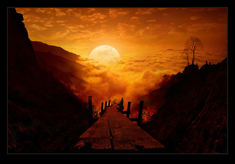 Wooden bridge at sunset
