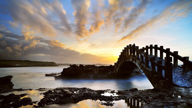 Wooden Bridge at Sunset — Blue, Serene