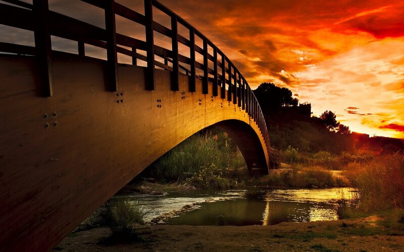 Wooden Bridge at Sunset — Orange, Dramatic
