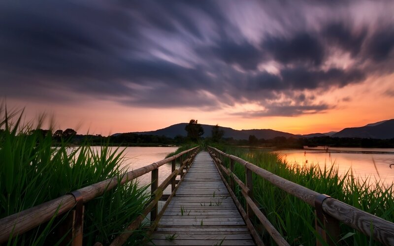 Wooden Bridge at Sunset — Purple