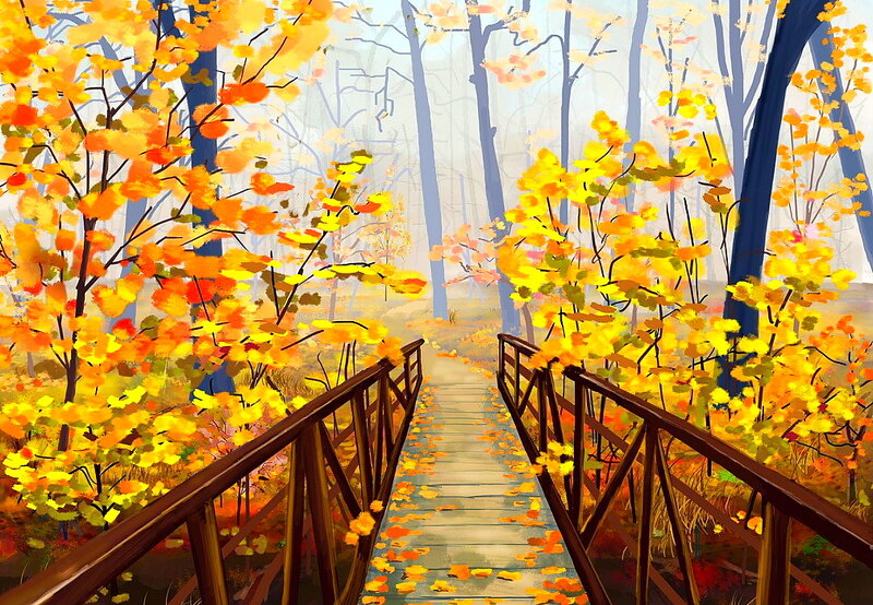 Wooden Bridge in Autumn Forest — Yellow