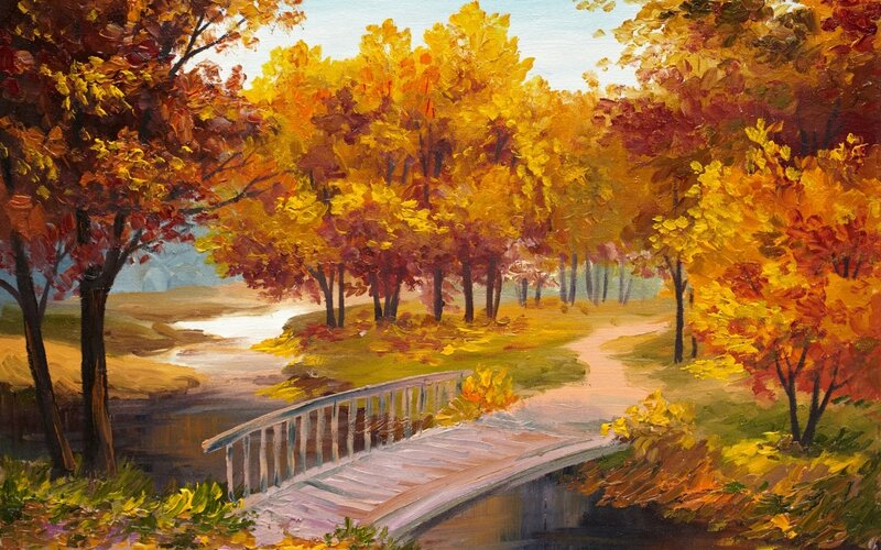 Wooden Bridge in Autumn — Yellow, Serene, Painting