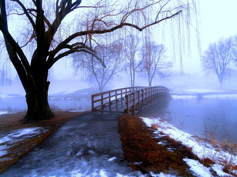 Wooden Bridge in Fog — Blue
