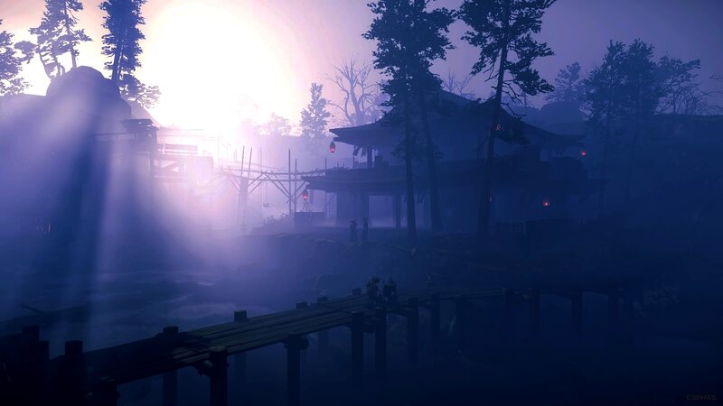 Wooden Bridge in Fog — Purple, Mysterious, Serene