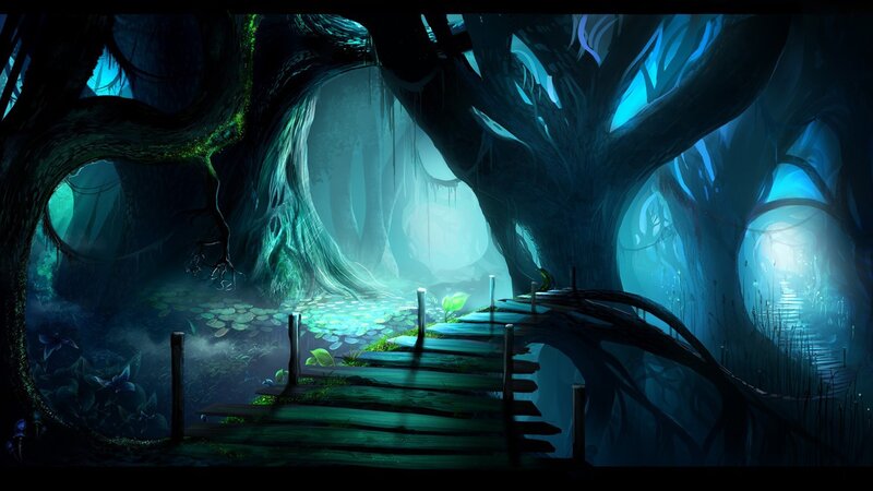 Wooden Bridge in Forest — Blue, Mysterious, Night, Digital Art, Trees, Pond, Glow