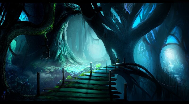Wooden Bridge in Forest — Blue, Mysterious, Night, Digital Art, Trees, Pond, Light