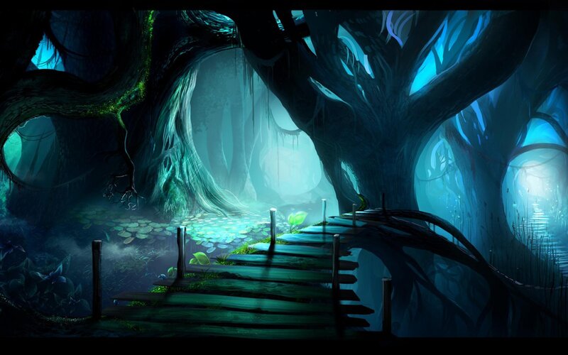 Wooden Bridge in Forest — Blue, Mysterious, Night, Digital Art, Trees