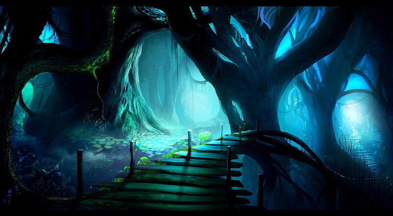 Wooden Bridge in Forest — Blue, Mysterious, Night