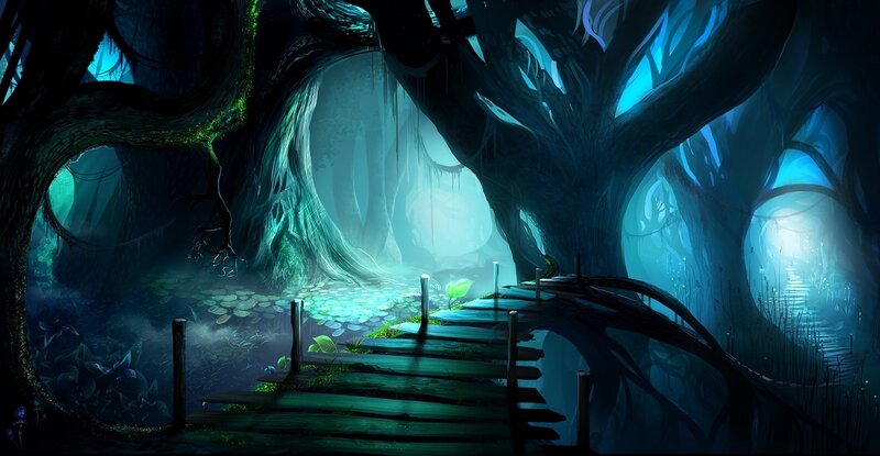 Wooden Bridge in Forest — Blue, Mysterious