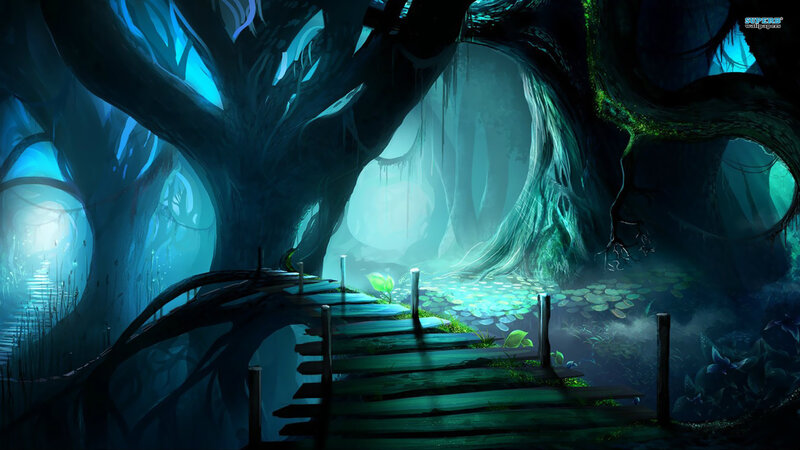 Wooden Bridge in Forest — Blue, Mystical