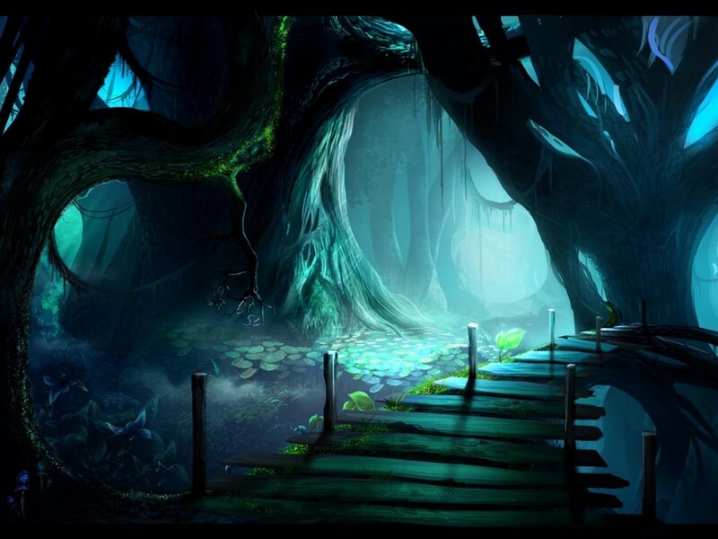 Wooden Bridge in Forest — Green, Mysterious, Night