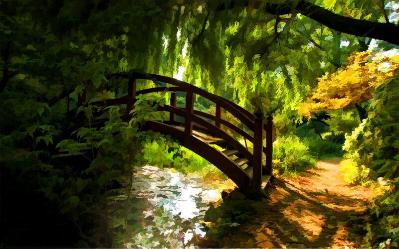 Wooden Bridge in Forest — Green, Serene, Afternoon, Digital Art