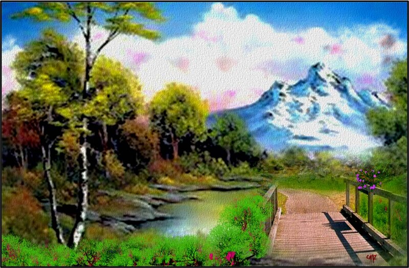 Wooden Bridge in Forest — Green, Serene, Afternoon, Painting, River